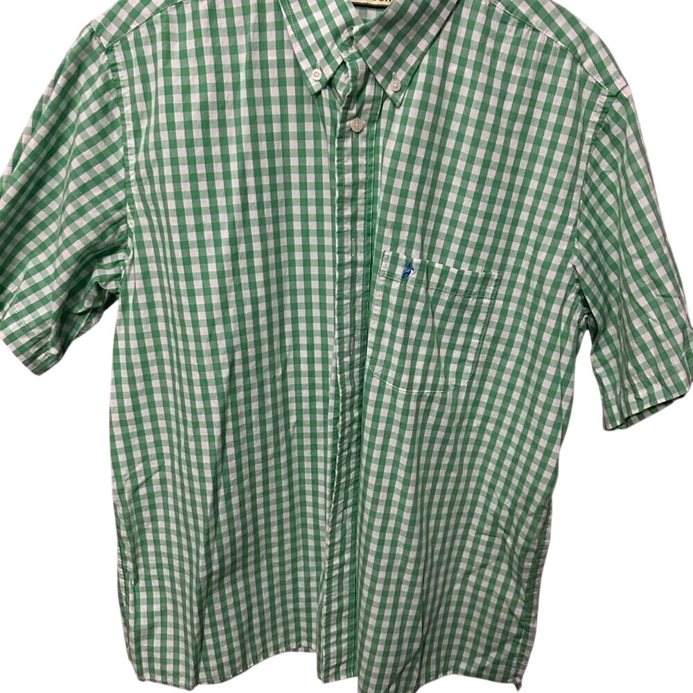 Mobile Bay Mens Large Green Gingham Short Sleeve Button Up Fishing Shirt Vented‎